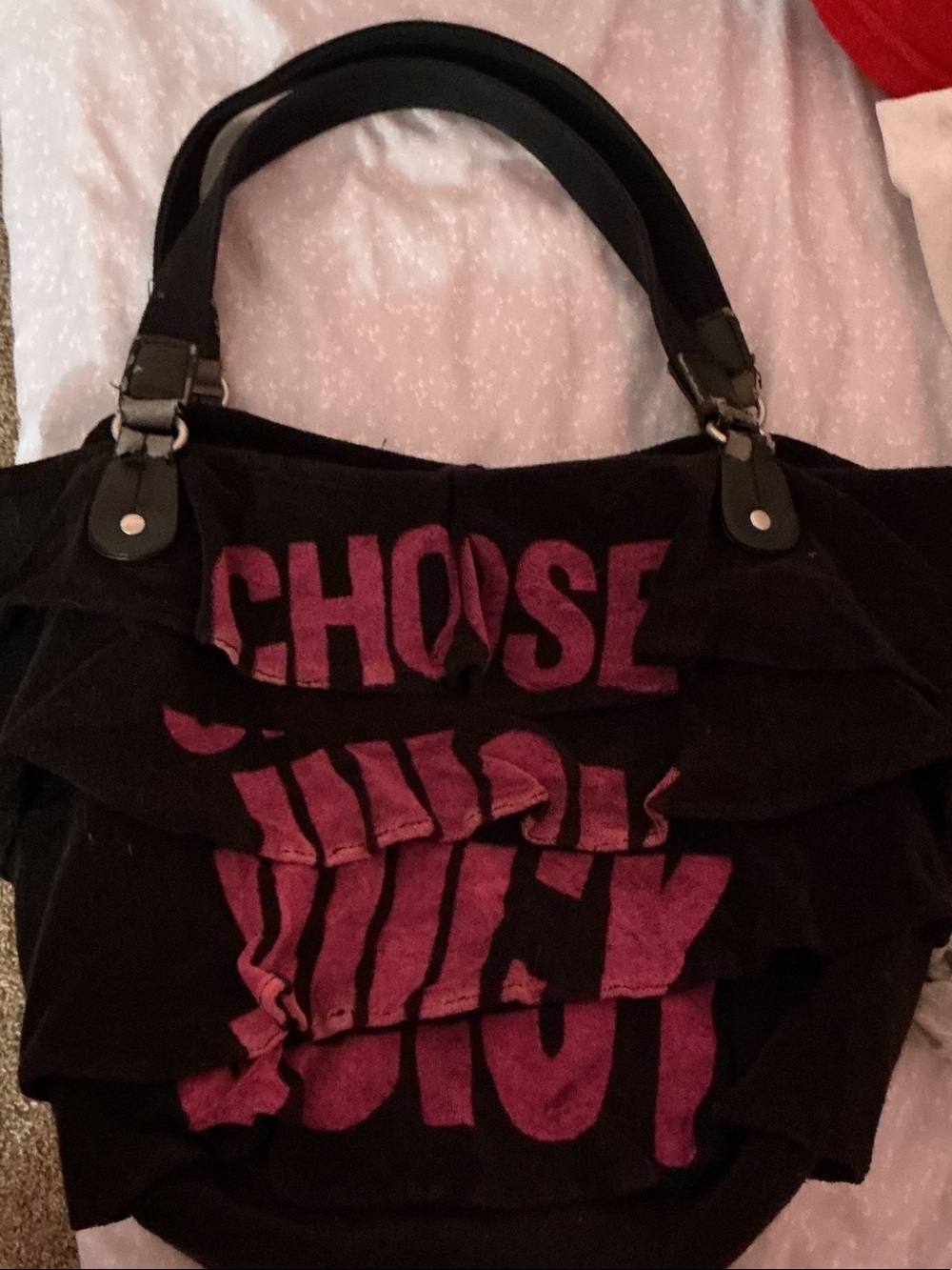 Juicy Couture Black Shoulder Bag with Pink Graphic
